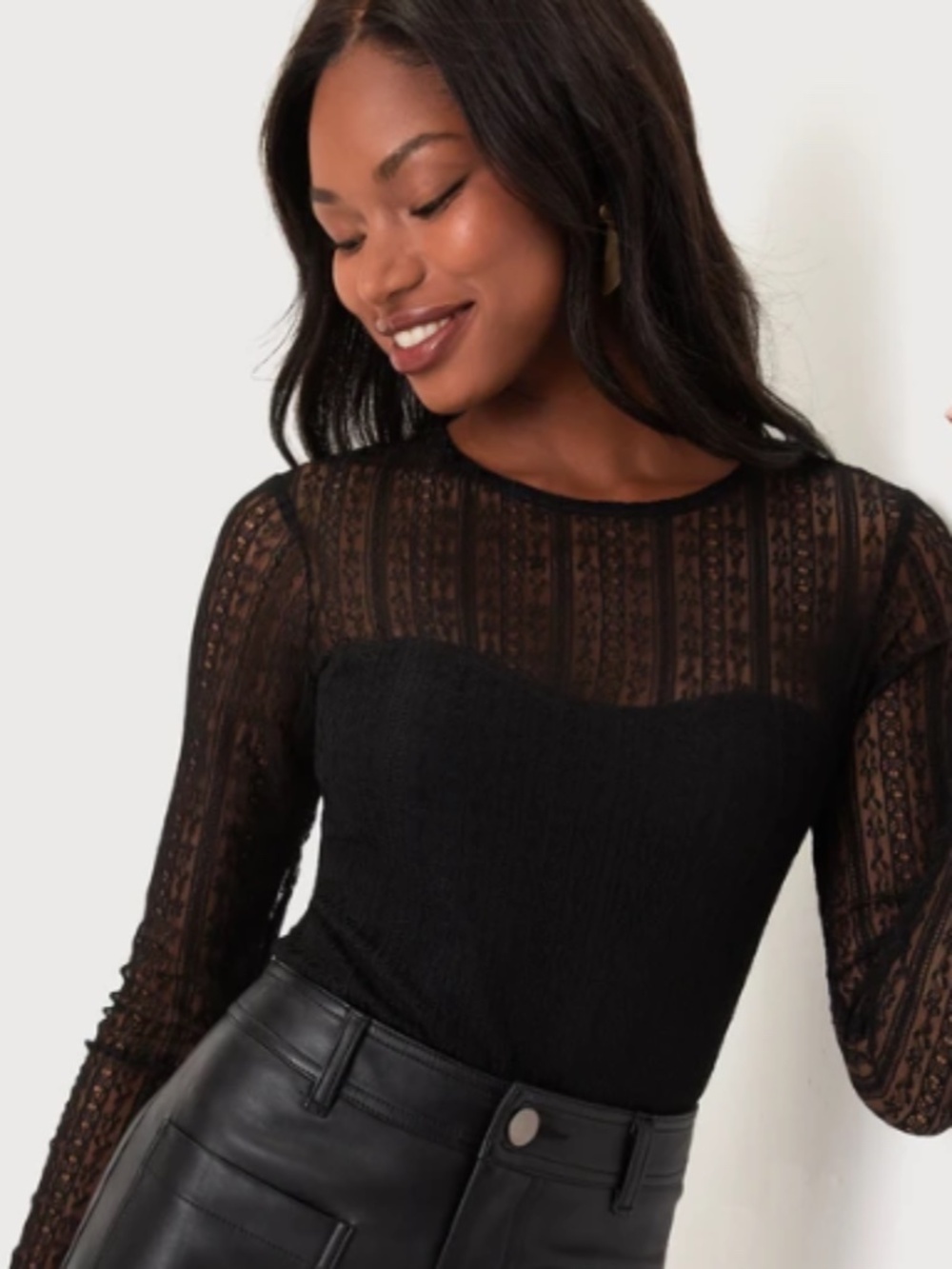 LULU's Sexy Romantic Chic Lace Sheer Date Night Long Sleeve Bodysuit